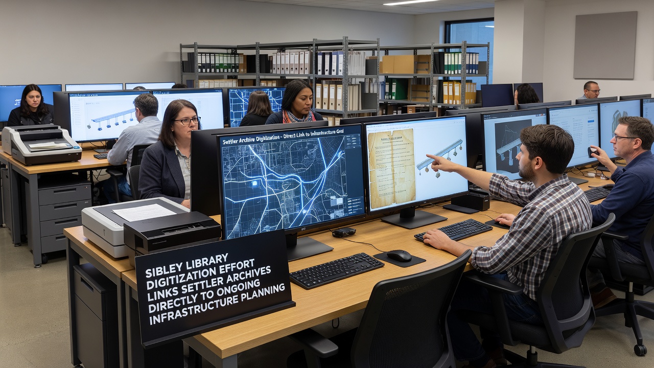 Planning team examining digitized settler maps alongside current infrastructure diagrams in a city meeting room